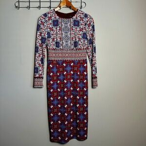 Maggy London Long Sleeve Lined Bohemian Pencil Maxi Dress Size 4 Cottage Boho